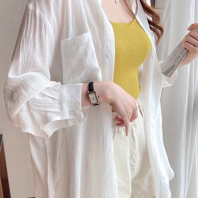 Ice Silk Pleated White Sun Protection Shirt Women's Long-Sleeved 2025 Summer New Fairy Versatile Air-Conditioned Cardigan Thin Jacket