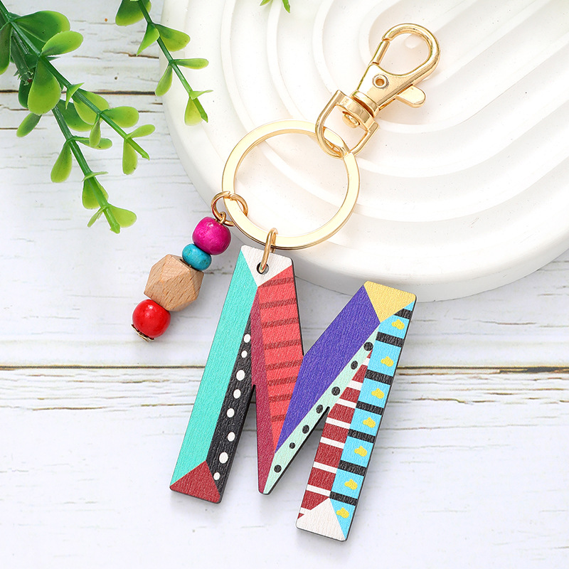 New Holiday Style Color Wooden Beads 26 Letter Keychain Key Chain Bag Hanging Accessories Cross-border Amazon