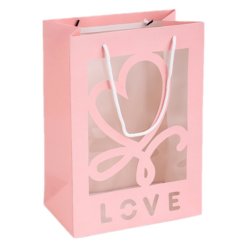 Ins Style Valentine's Day Transparent Window Gift Bag, Flower Gift Tote Bag, Fresh and Simple Heart-Shaped Window Paper Bag