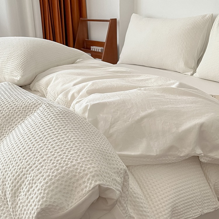 Waffle Cotton Bed Four-piece Set 100 Cotton Hotel White Quilt Cover Light Luxury Simple Bed Sheet Three-piece Set