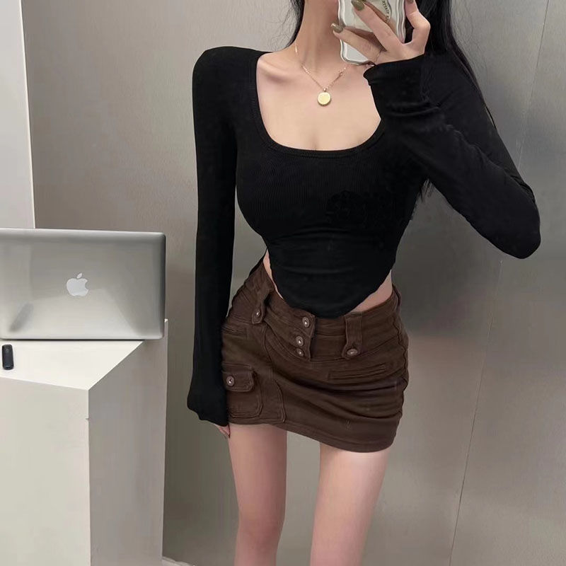 Picture of Pure hot girl round neck shoulder long-sleeved T-shirt women's irregular spring and autumn short top design slimming bottoming shirt