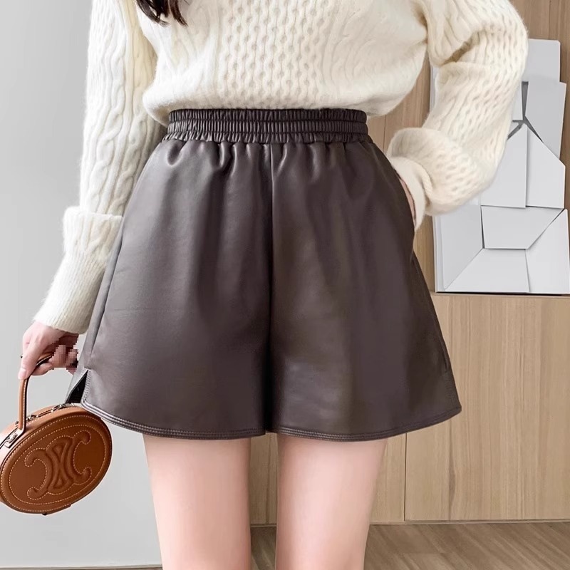 Pu Leather Pants Autumn and Winter High Waist Slimming Wide Leg Pants Outer Wear Casual New A- Shaped Pants Boots Pants All-Match Shorts Women