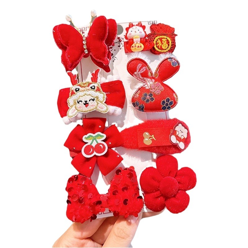 2023 new children's red New Year hairpin suit Chinese style embroidered cute bunny bow hairpin