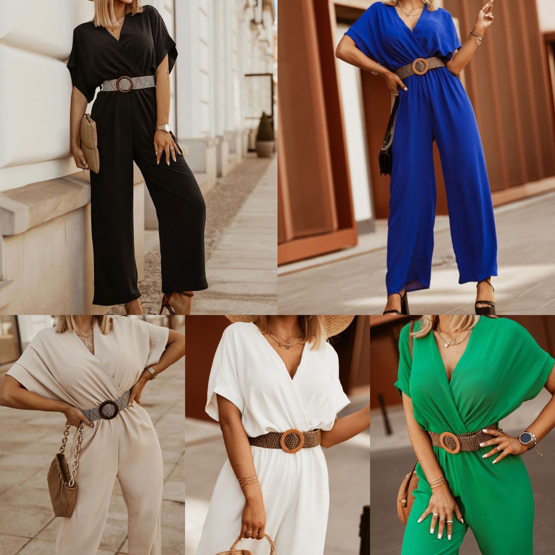 Ins Cross-Border New V Neck Bat Sleeve Short-Sleeved Casual Loose Belt One-Piece Wide-Leg Pants (Without Belt)