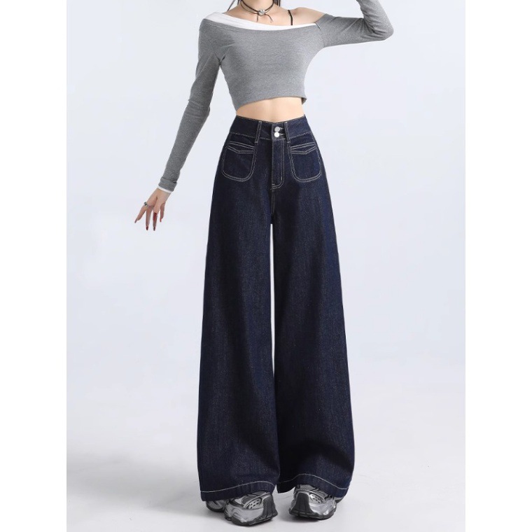 Denim Wide Leg Pants Women's 2024 New Autumn American Style High Waist Retro plus size chubby girl Loose Slim-looking Dummy