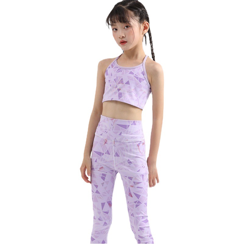 European and American Girls' Children's Yoga Clothing Set Short Tank Top Double-Layer Sports Fitness Clothes Running Printed Pants Wholesale