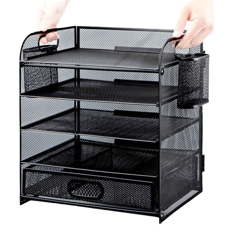Desktop File Frame Metal Five-Layer Pen Holder with Drawer A4 File Information Rack Office Supplies Storage