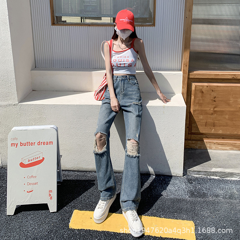 Picture of Ripped Wide Leg Jeans Women's Summer 2023 New High Waist Slim Look Straight Loose Dumping Pants Thin