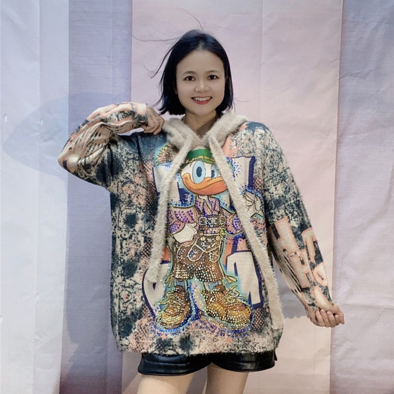 European Heavy Industry Hot Drilling Hooded Sweater Autumn and Winter Women's Cartoon Printed plus size Lazy High-end Jacket Long-sleeved Top