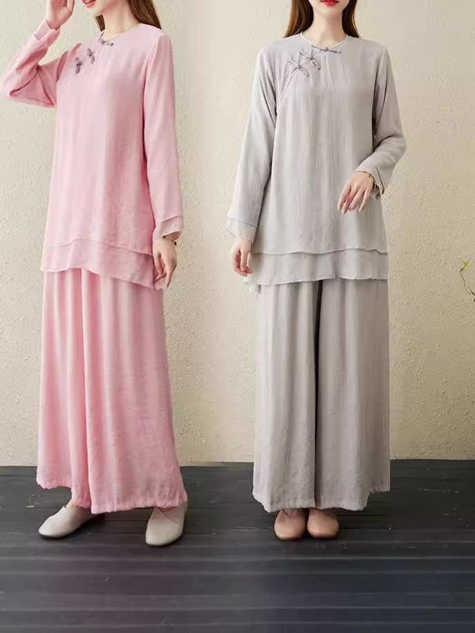 Picture of 2024 Buddha suit Women's Chinese Style Yoga Two-piece suit Chinese Style Retro Candid Lay Buddhist Zen Suit Zen Tea Suit