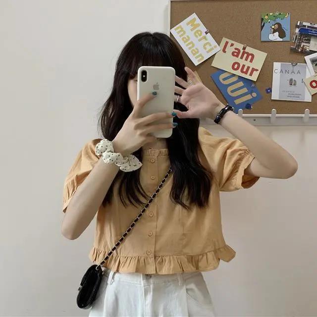 Picture of Short-Sleeved Women's New Spring/Summer 2022 Cute Casual Elegant Puff Sleeve Short Ruffled Square Neckline Top Ins