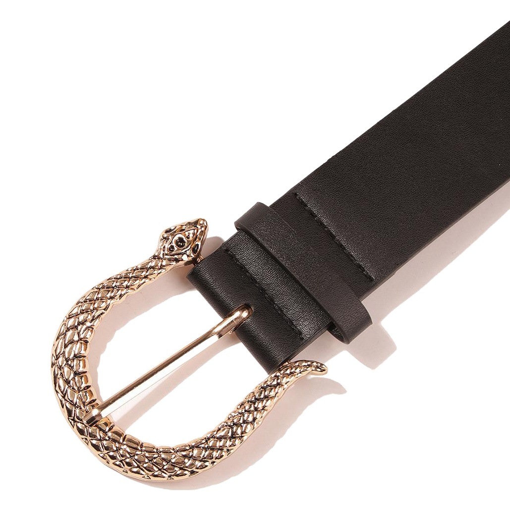 New OZON Hot Selling Amazon Snake Buckle Belt Cross Border Women Black Wide Belt Factory in stock Imitation Leather Belt