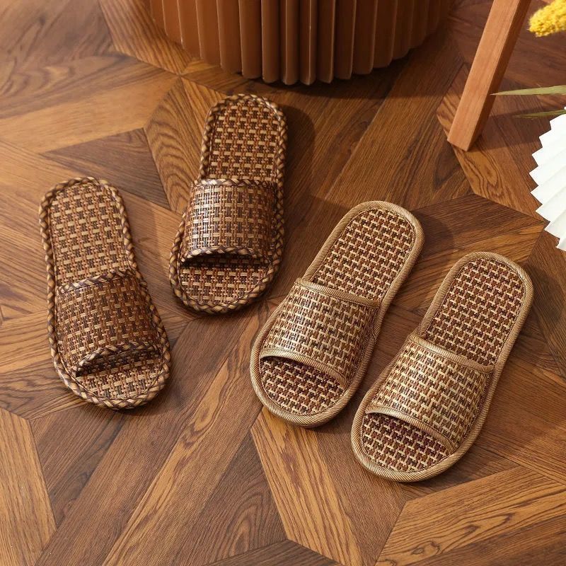 Comfortable store hot selling women's bamboo rattan breathable summer non-slip couple home slippers men's floor indoor sub