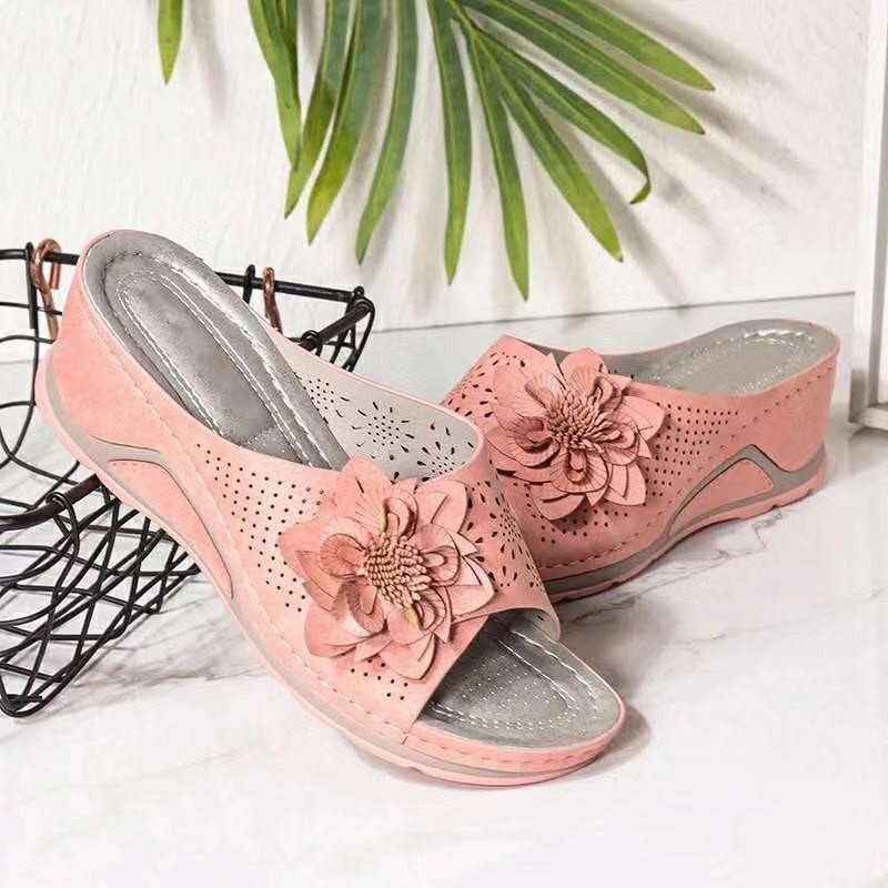 plus size Wedge Slippers Women's 2025 Summer Independent Station New Hollow Flower Flat Sandals and Slippers Beach Women's Shoes