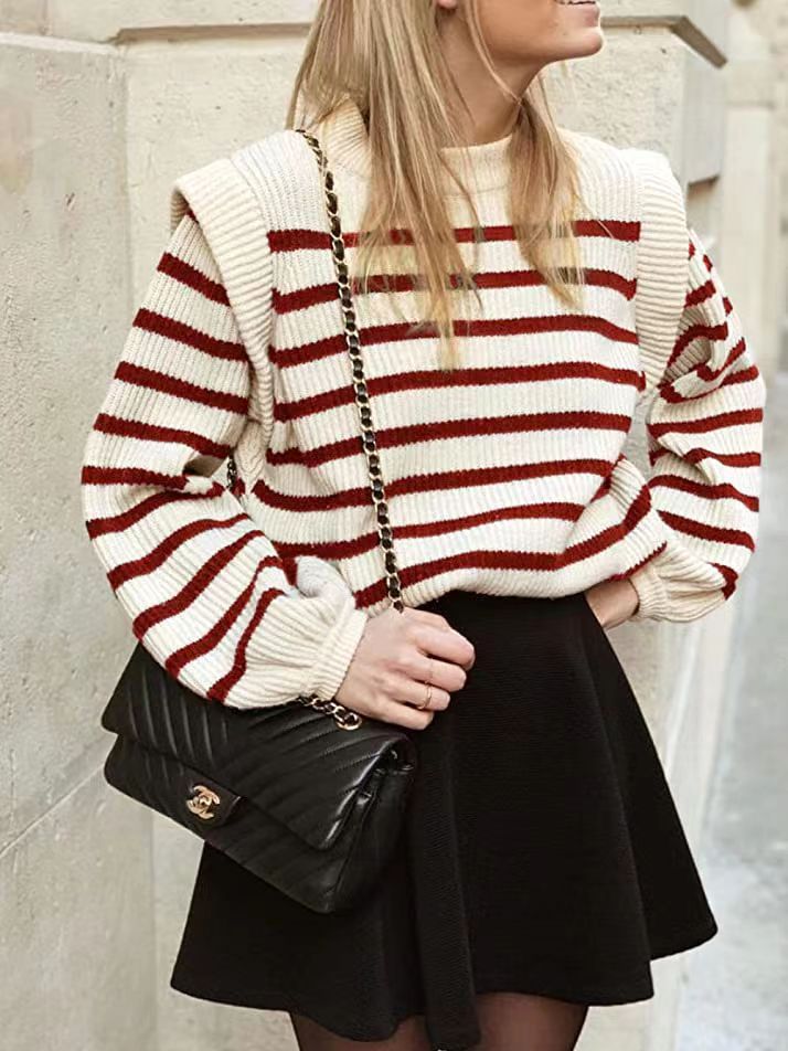 Picture of Aliexpress New 2025 Women's Fashion Striped Round Neck Puff Sleeve Sexy Knitted Sweater
