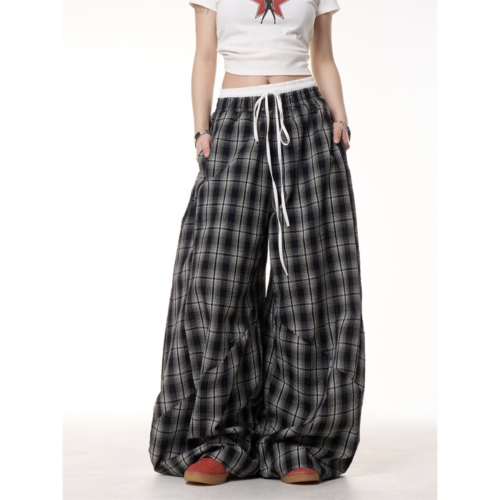 American retro lazy style double waist spliced plaid pants Autumn 2025 new jazz dance loose wide-leg trousers