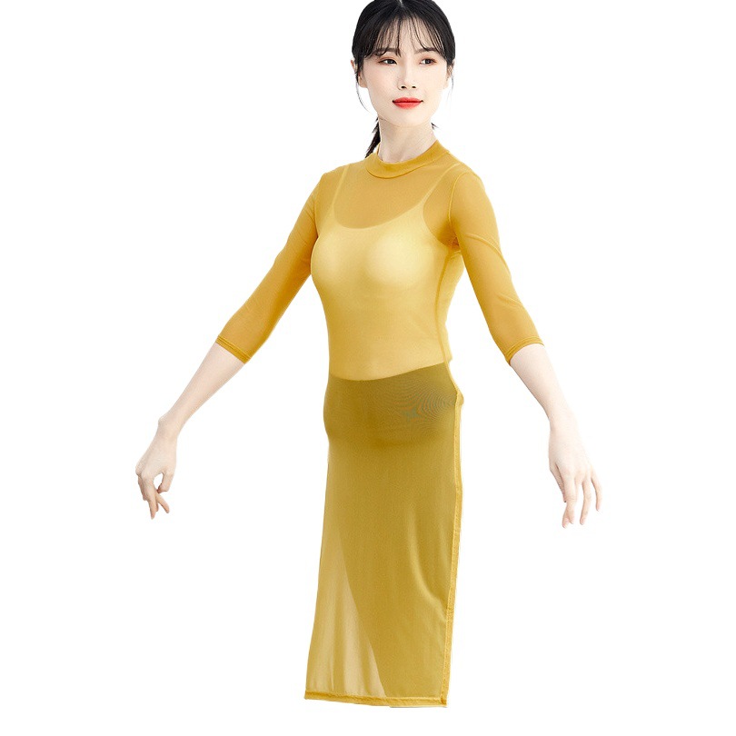 Dance Clothing with Slit, High-Neck Mesh, Slim-Fit Yoga Top for Women, Modern Classical Practice Top, Long-Sleeved for Adults