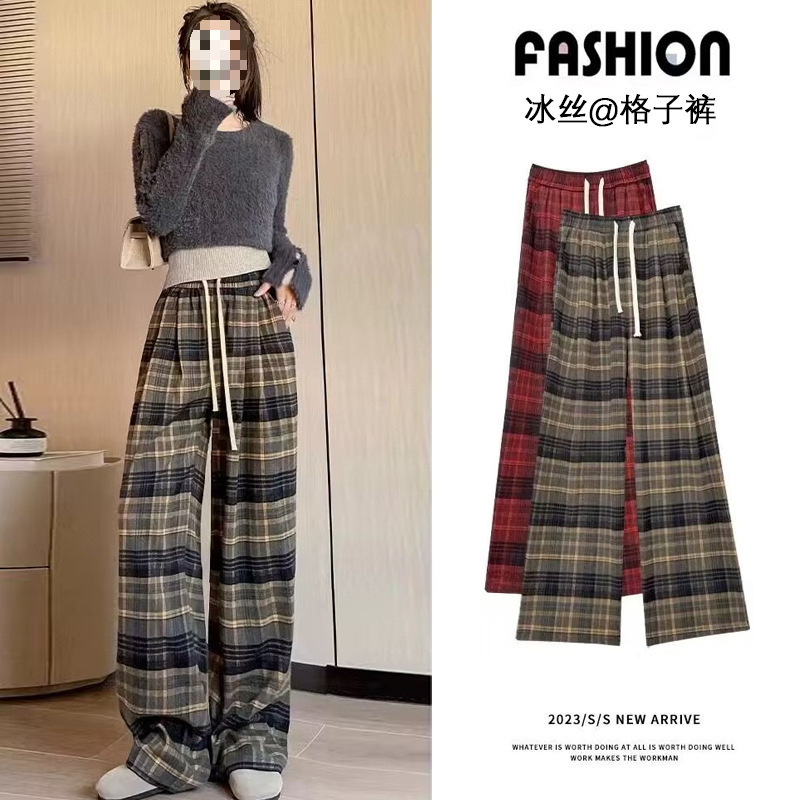 Plaid Pants Women's Summer New All-match Casual Pants Women's Autumn New Dape Casual Retro Straight Leg Pants