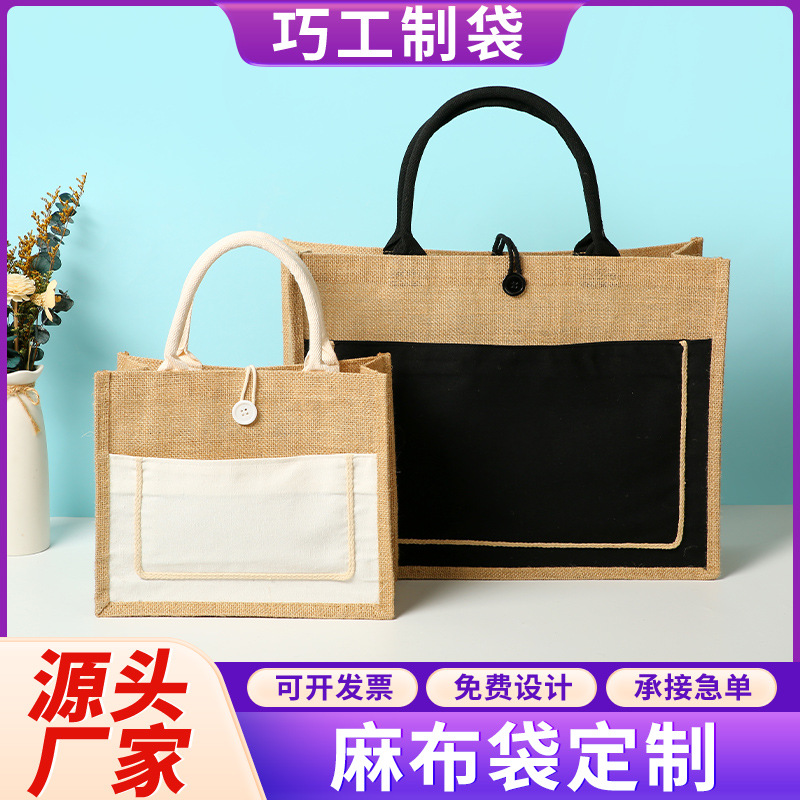 in stock creative stitching linen bag custom logo linen bag with buttons promotional portable tote bag custom