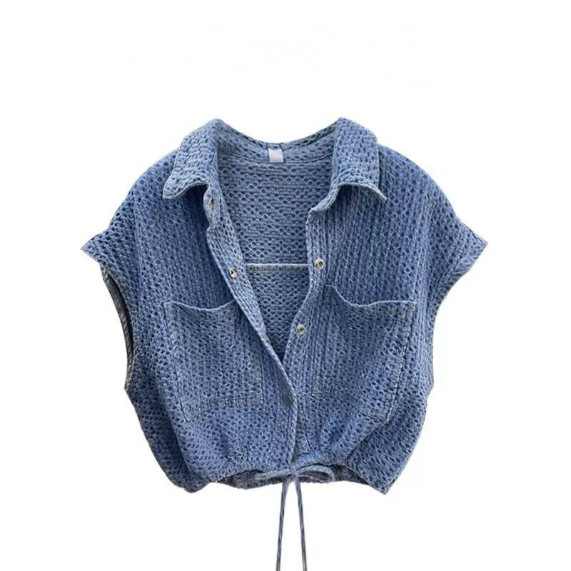 Blue Denim Vest Women's Summer 2023 New Design Sense Hem Drawstring Hong Kong Style Outer Wearing Loose Ware Top