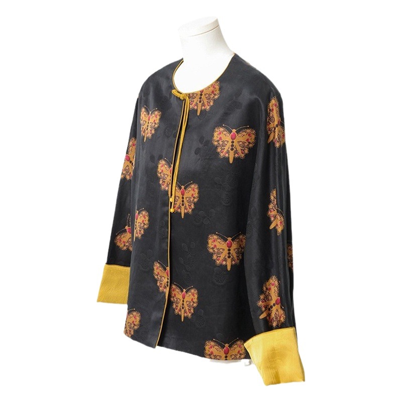 [Four Seasons Green] Silk Fragrant Cloud Yarn Heavy Satin Jacquard New Chinese-Style Jacket Spring New Heavy Mulberry Silk Top