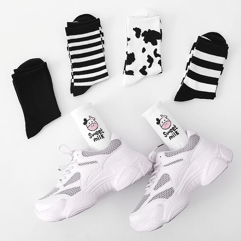 Picture of Socks Women's Spring and Summer Classic Black and White Cow Japanese Style Mid-Tube Socks Harajuku Distinctive Fashionable Socks Ins Sports Skate Socks