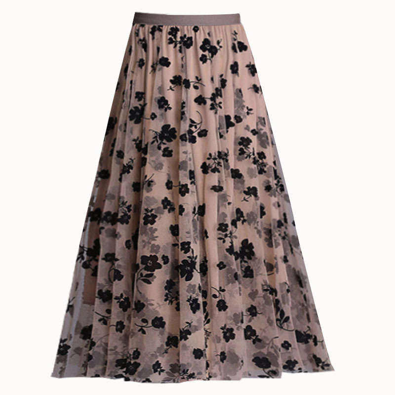 Picture of Double-sided Flocking Mesh Skirt Women's Slimming Mid-length New Spring High Waist A- line Skirt Pleated Skirt Large Swing