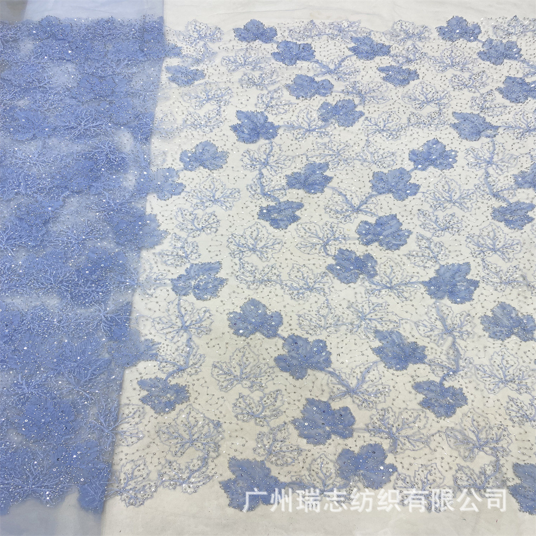 2024 cross-border e-commerce garbled beads maple leaf plate embroidery women's dress fabric French wedding dress lace