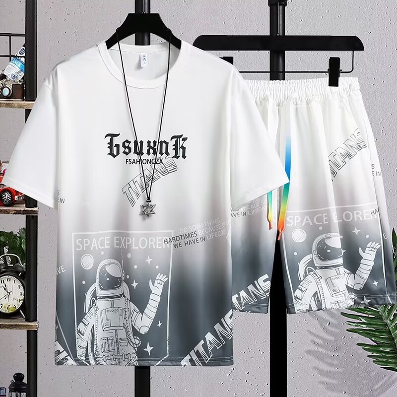2024 Summer New Men's Gradient Trend Casual Youth Sports Fashion All-match T-shirt Shorts Two-piece Set