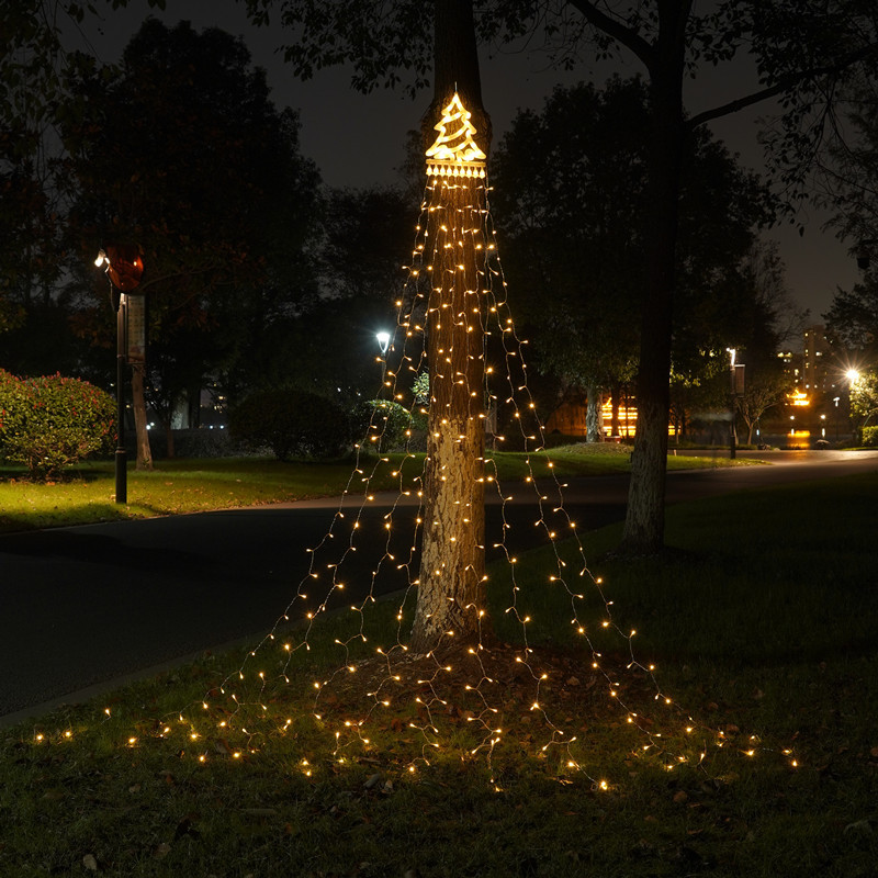 Picture of LED five-pointed star waterfall lamp Christmas hanging tree lamp water lamp outdoor decorative lamp courtyard remote control solar lamp