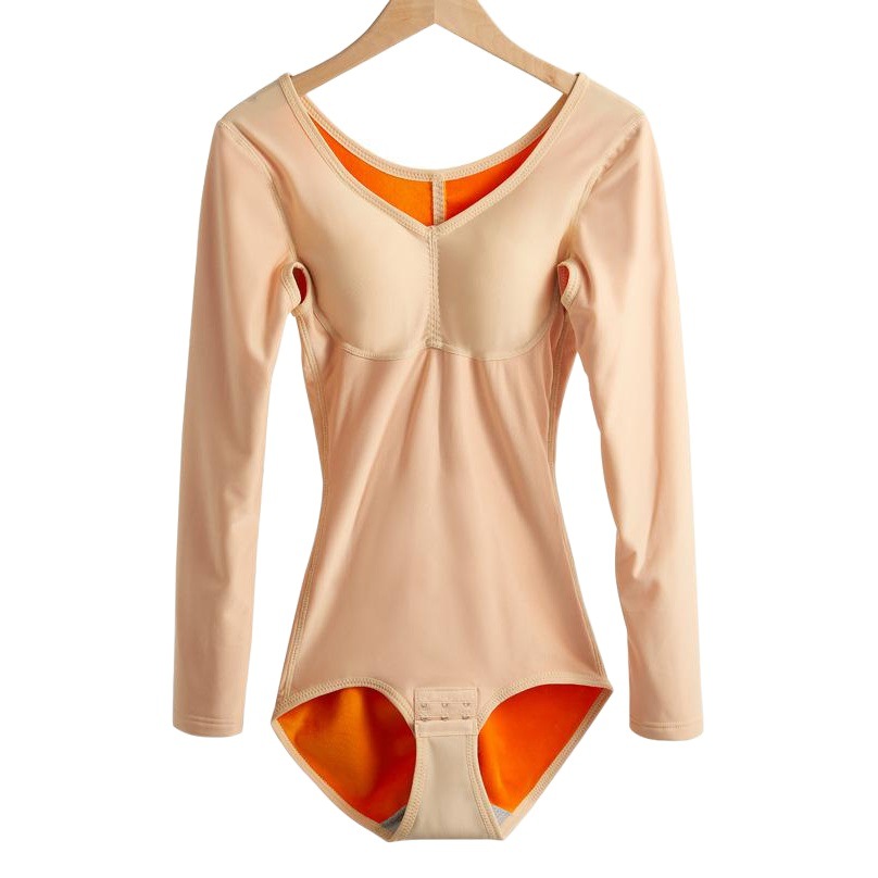Autumn and Winter Fleece-lined Thickened Bra Long-sleeved One-piece Shaper Tight Belly-lined Fleece-lined Autumn Warm Underwear for Women