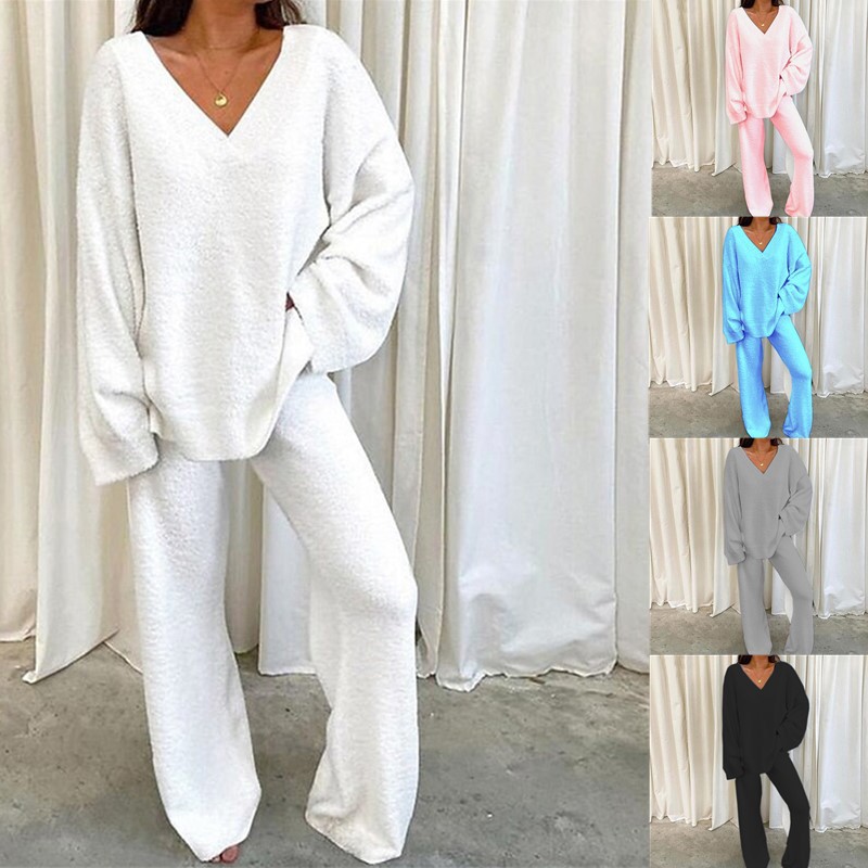 European and American Independent Station European Station Comfortable Solid Color V-neck Casual Daily Home Warm Two-piece Suit