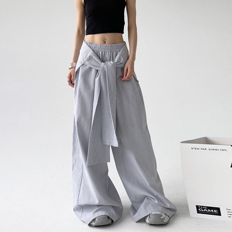 Picture of Foreign Trade Hot Sale Blue Striped High Waist Casual Pants Spring and Autumn Strap Waist Seal Design Loose Wide Leg in stock Trousers