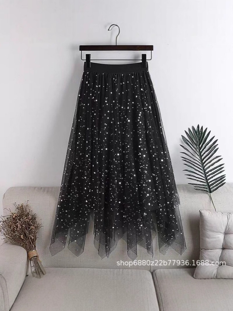 Beautiful 2025 New High-Waist Star Sequin Gold Velvet Lined Asymmetrical Mesh Skirt Mid-Length Skirt