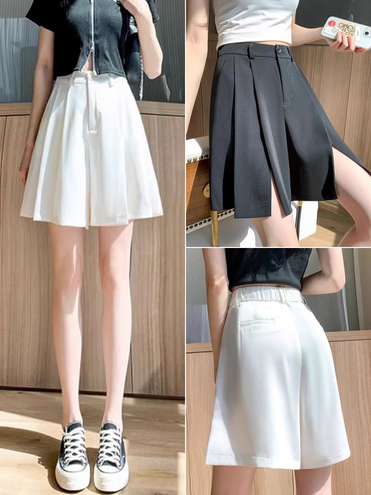Suit Shorts Women's Autumn High Waist A- shaped Wide Leg Pants 2024 New Black Loose Slimming Split Casual Culottes