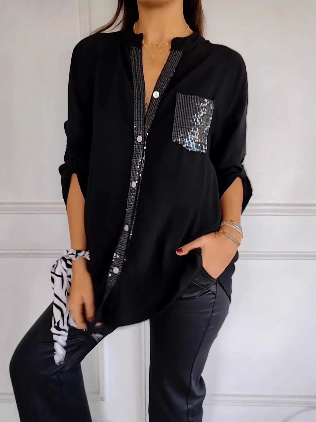 2024 Cross-border Independent Station Amazon Summer High Sense European and American Women's Single-breasted Stand Collar Sequin Shirt Top