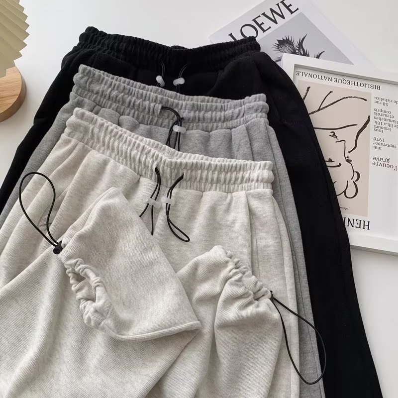 light gray High Waist Sports Pants Women's Summer Loose Slim-fit Leg All-match Loose Waist Straight Casual Student Sweatpants