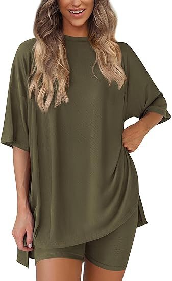Picture of Cross-border foreign trade Amazon 2025 new women's casual round neck split loose shorts short sleeve home clothes suit