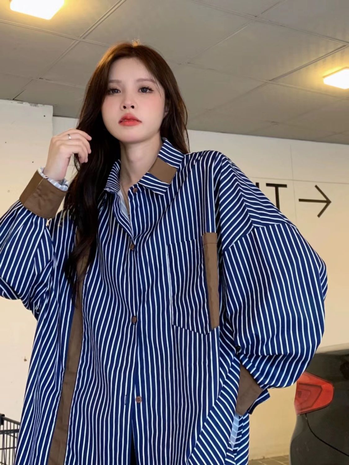 Cross-border Retro Stripe Stitching Contrast Color Long Sleeve Shirt Women's 2024 Spring and Autumn New Loose Casual All-match Top