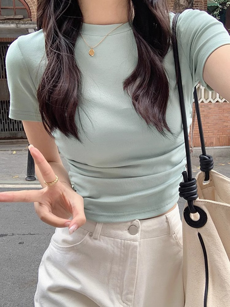 Blue Crewneck Short-sleeved Shoulder T-shirt Women's Summer 2024 New Pleated Strap Tight Waist Slim-fit Short Top