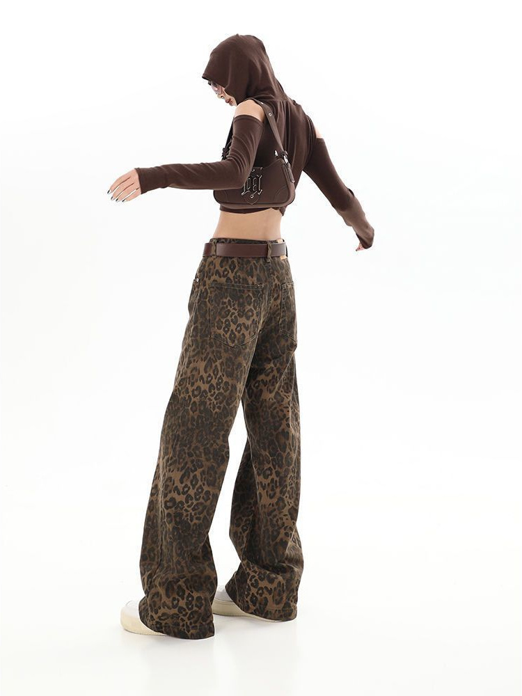 2025 Spring and Autumn New American High Street Hot Girl Leopard Print Wide Leg Jeans Retro High Waist Loose Straight-Leg Floor-Mopping Pants