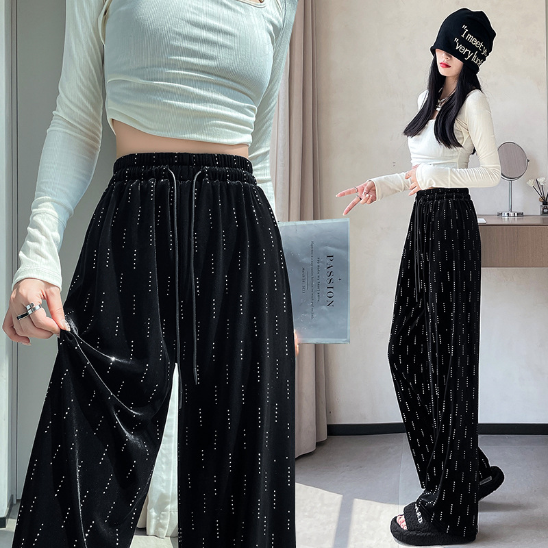 New Gold Velvet Hot Diamond Casual Pants Wholesale Autumn Drawstring Wide Leg Pants Drape Loose Floor Mopping Women's Straight Pants