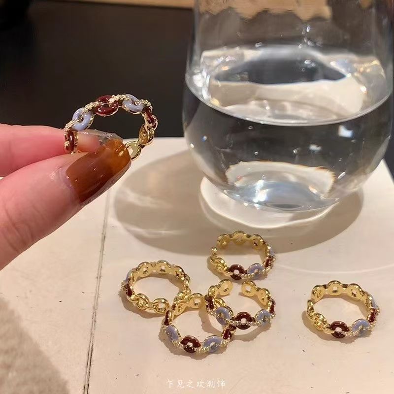Retro Style Dripping Glaze Rhinestone Ring Women's Niche Design High-End Index Finger Ring New Hand Jewelry