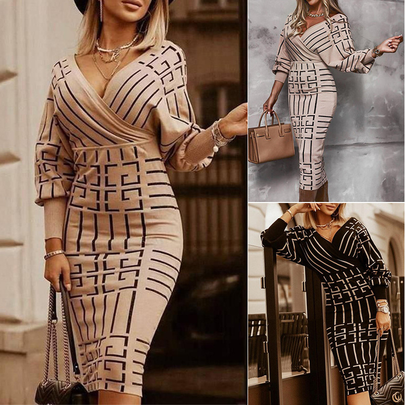 Foreign Trade 2022 New Amazon European and American Women's Wool Plush Fashion Printed Long Sleeve V-Neck Waist Hip Dress