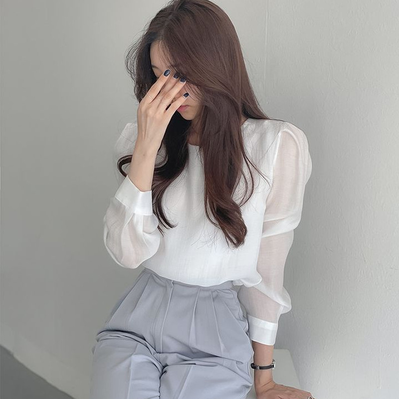Autumn South Korea Dongdaemun simple pullover round neck commuter chiffon solid color long sleeve shirt for women