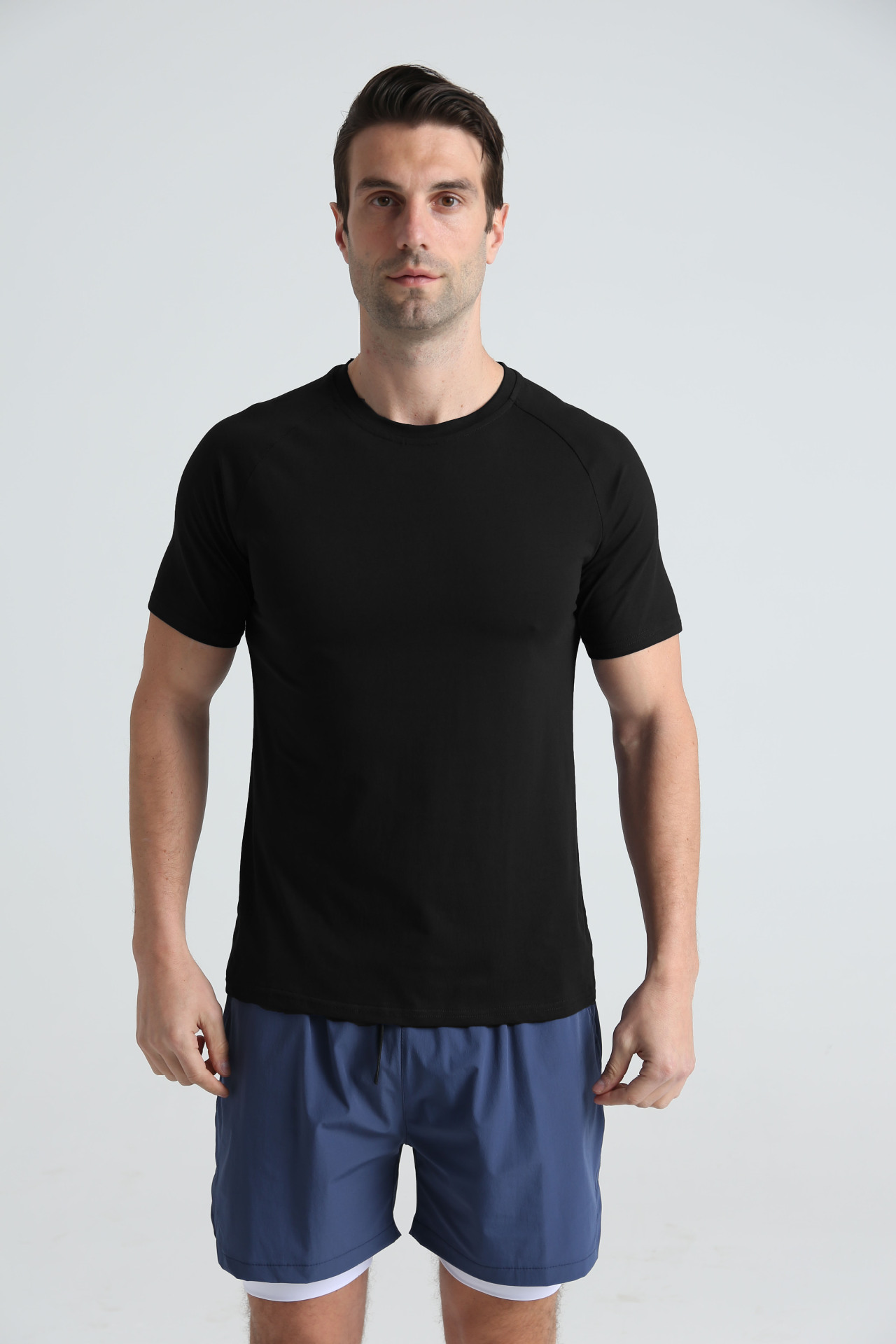 Picture of Summer European and American plus size sports fitness short sleeve men's cotton round neck solid color casual workout blank black T-shirt