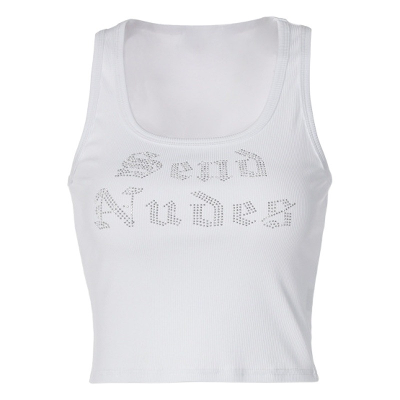 European and American style women's clothing 2024 spring and summer fashion casual letter rhinestone U collar sexy sleeveless short vest women wholesale