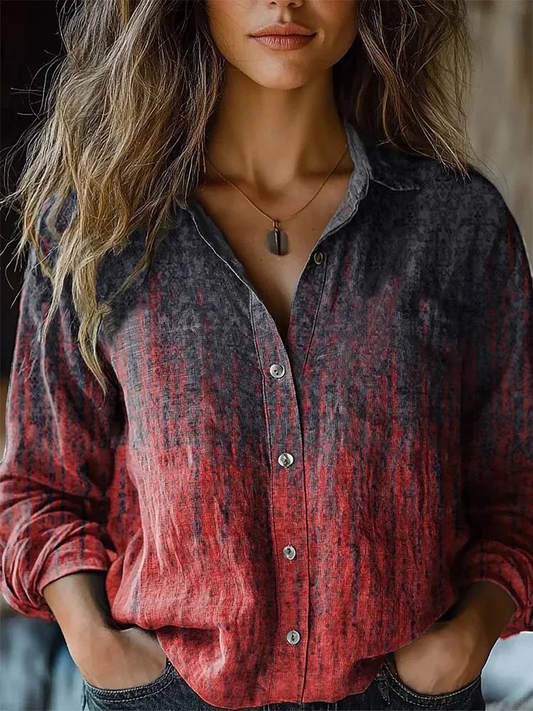 Picture of 2025 Cross-border European and American Foreign Trade Women's Spring and Summer New Retro Printed Long-sleeved Casual Shirt Imitation Cotton and Linen Shirt