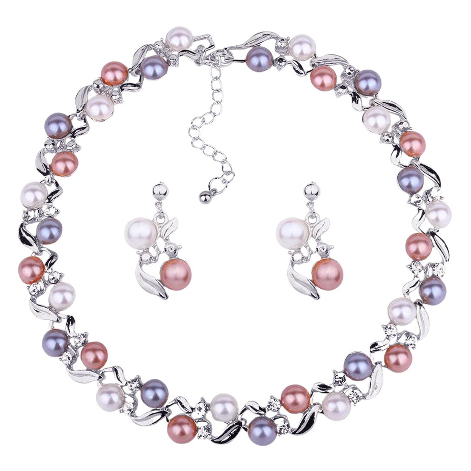Fashionable Creative Sweet Style Women's Colorful Pearl Necklace Earrings Set Elegant Design Jewelry Set