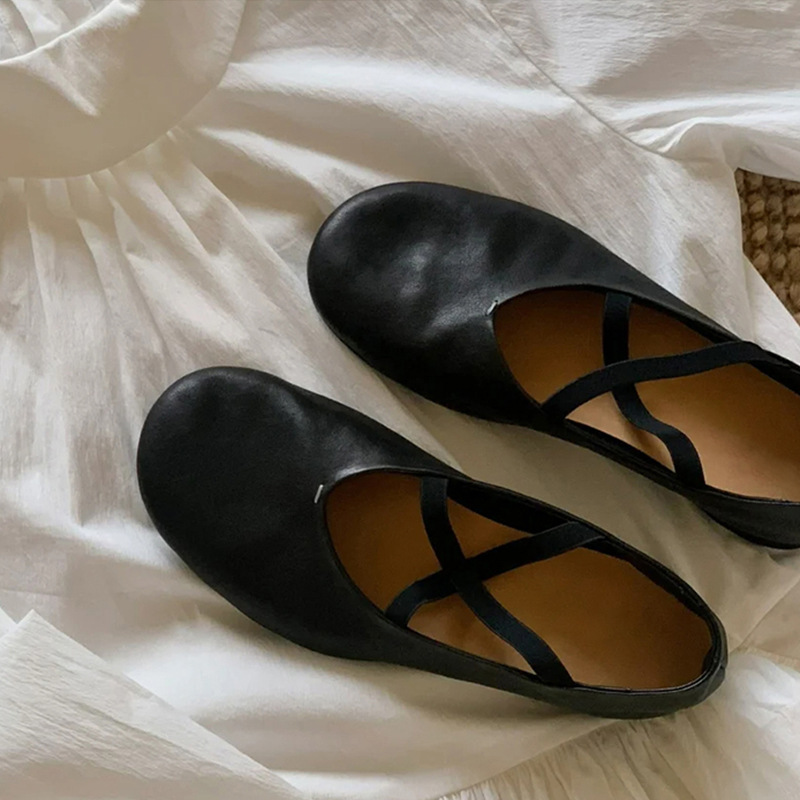 Genuine Leather Retro Round Toe Shallow Cross Strap Mary Jane Shoes Women's Shoes Summer and Autumn Comfortable Ballet Flats